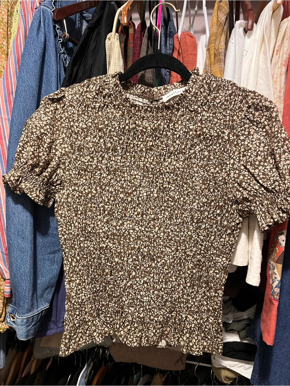 Neuflora Evangeline Brown Floral Smocked Top Blouse